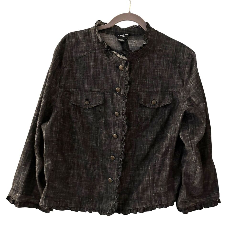 Sandro Women Black‎ Denim Button Up Ruffled Jacket Size 2X